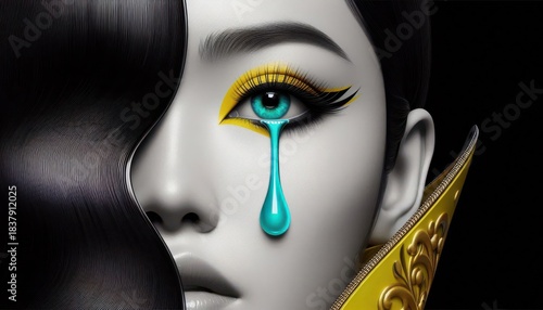 charming monochromatic woman’s face with tear, flawless skin and dramatic modern make-up blending bold orange and blue tones. creative fashion art, contemporary style
