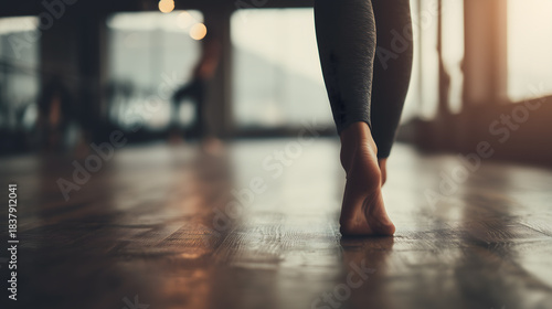 Close-up of barefoot woman legs walking on wooden floor in yoga or fitness studio with warm morning light and calm atmosphere