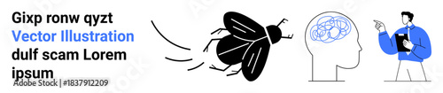 Creativity, brainstorming, neurobiology, idea generation, psychology, thought flow. A human head with brain sketches and a fly nearby. Creativity and brainstorming concepts