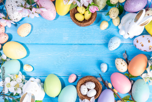 Spring Easter holiday top view flat lay background