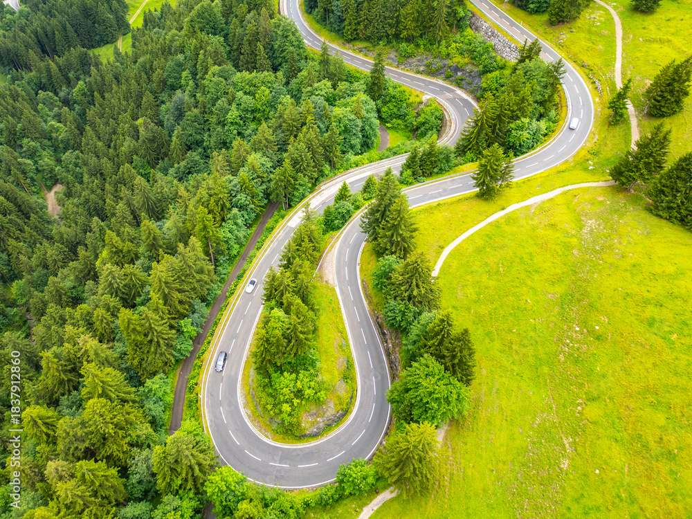 Naklejka premium Curved asphalt paths wind through lush green forests in the Alps, offering breathtaking views and a thrilling drive. This aerial perspective captures the beauty of a summer road trip.