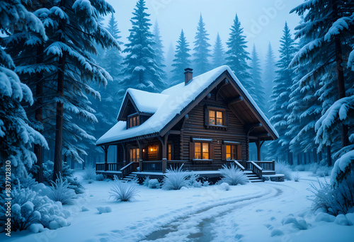 Experience ultimate winter serenity with this inviting log cabin bathed in warm interior light, nestled deep within a silent, snow-covered pine forest. Perfect for holiday themes or peaceful escapes.