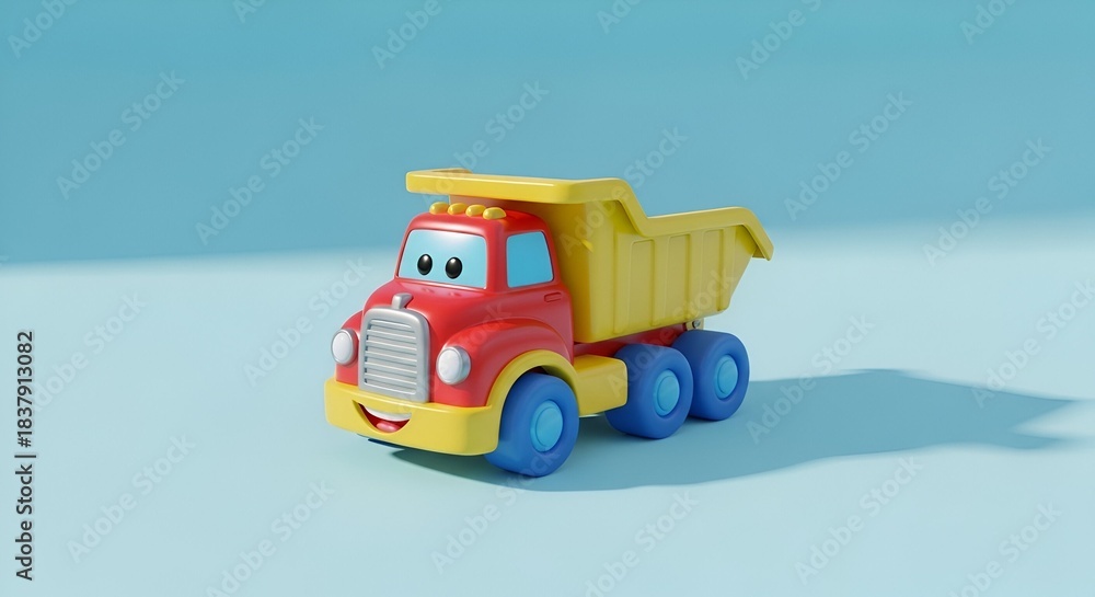 Fototapeta premium Cartoon Dump Truck Toy on Blue Background.