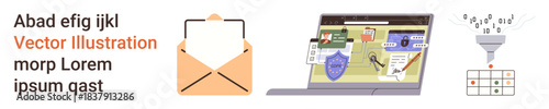 Email communication, data analysis, cybersecurity, workflow automation, information sorting, productivity tools. Open envelope, laptop with cybersecurity screen data funnel and table. Cybersecurity