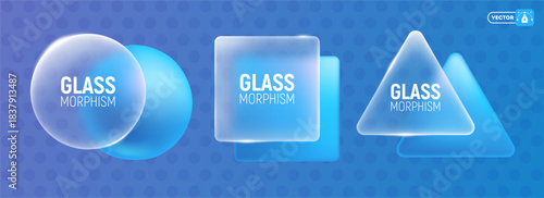 Glass morphism concept. 3D modern design elements, blue sphere, square, triangle. Same geometric shapes are made of matte translucent glass with sparkling edges. Frosted glass effect. Vector