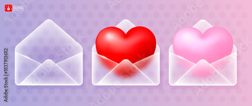 Valentines Day design elements. Envelope icon with glass morphism effect. 3D white translucent envelope set, open, with red or pink heart inside. Matte transparent glass with sparkling edges. Vector
