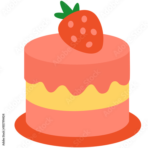 Cute pink strawberry cake icon, suitable for girls’ parties, spring themes, or illustrating sweet, floral, and playful dessert designs.
