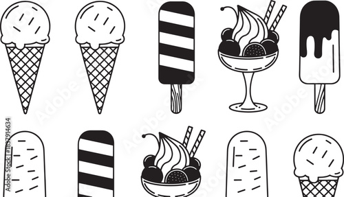 Black and white line art collection of ice cream cones popsicles and sundaes illustration
