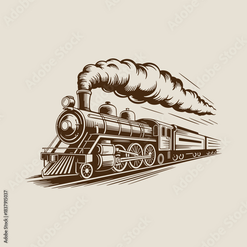 Steam locomotive, old train, Vintage design illustration.