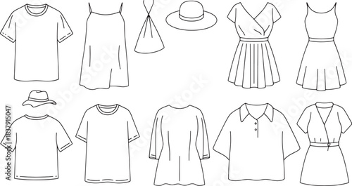 Original name(s): Black and white line art collection of summer clothing and hats t shirt dress