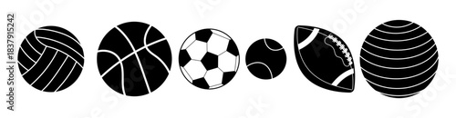 Set of black silhouette sports balls: volleyball, basketball, soccer, tennis, rugby and fitness ball. Minimalist vector icons for prints, stickers, web design and sport-themed projects.