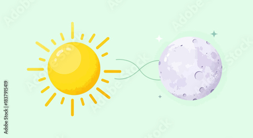 Sun and Moon celestial bodies connected by light rays.