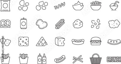 Black and white line art icons of snacks and food items outline