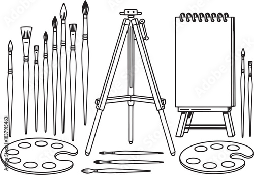 Black and white line art illustration of art supplies including brushes easel and palette drawing painting