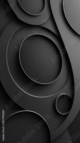 An abstract composition of dark rounded shapes with soft shadows and textured surfaces creates a minimalist, modern geometric design.
