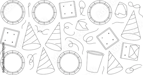 Black and white outline party supplies and decorative swirls on white background party hat birthday