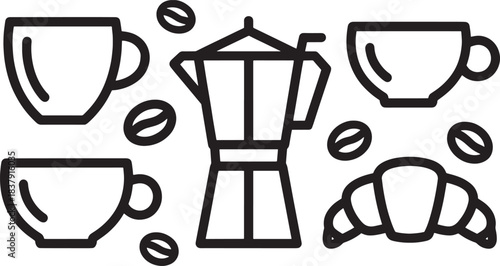 Black line art coffee cups moka pot croissant and beans on white background breakfast coffee beans