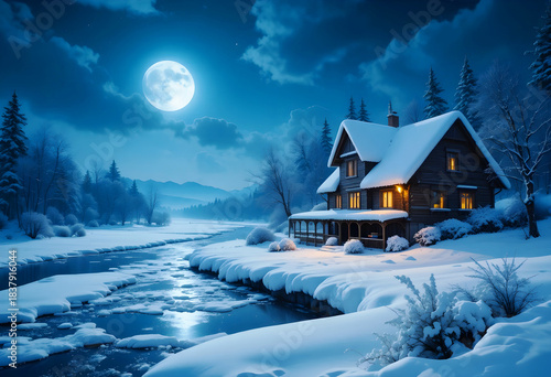Experience the stunning serenity of a rustic cabin warmed by interior light against a crisp, blue full moonlit winter night. Perfect for holiday scenes or peaceful retreat concepts.