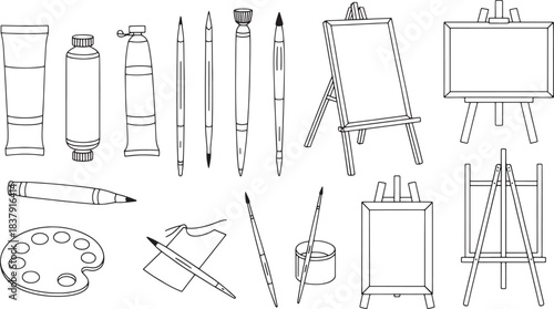 Collection of black and white line art drawing of art supplies and easels painting canvas