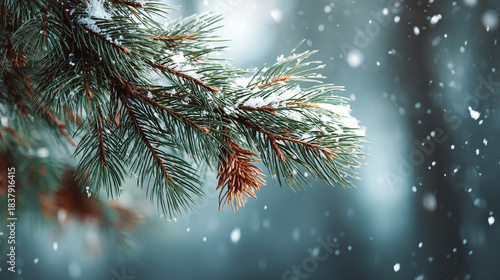 Snow falls on pine branches in a winter forest during the cold season in the early hours of the morning