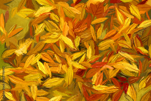 Vibrant Abstract Autumn Leaves Oil Painting. Warm, colorful texture of fallen foliage in yellow, orange, and red, captured in an expressive, painterly style.