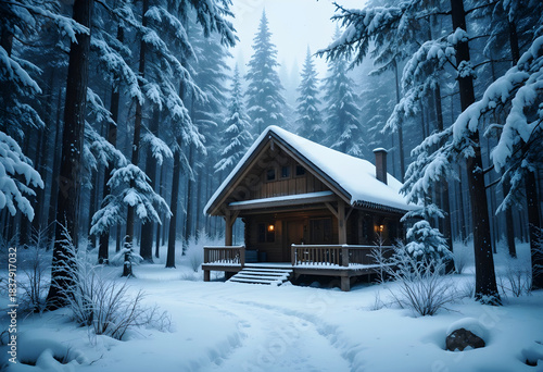 Discover quiet solitude in this stunning wooden cabin nestled deep within a snow-covered forest. Warm light spills from the windows, offering a perfect winter escape or holiday setting.