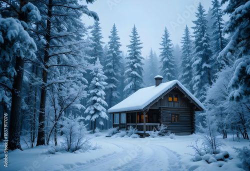 Experience ultimate winter serenity as a rustic log cabin emanates warm light against a deep blue, snow-covered pine forest. Perfect for holiday themes or peaceful lifestyle concepts.
