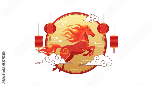 A vibrant flat design illustration of a powerful fire horse leaping through a festive circular frame, symbolizing strength and good fortune for the Lunar New Year.