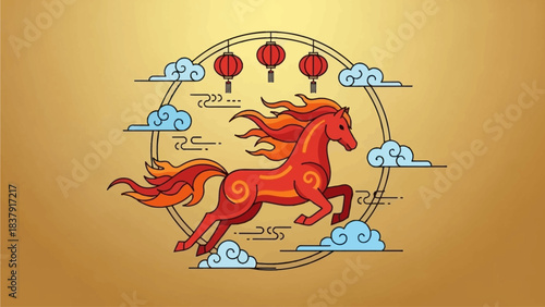 A vibrant flat design illustration of a powerful fire horse leaping through a festive circular frame, symbolizing strength and good fortune for the Lunar New Year.
