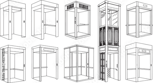Collection of black and white line art vector illustrations of various elevator cabins lift building