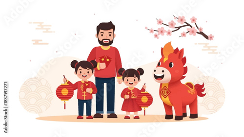 A joyful flat design illustration depicting a diverse family celebrating Lunar New Year, accompanied by a friendly fire horse character. This heartwarming vector scene captures the spirit of family