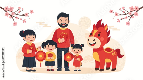 A joyful flat design illustration depicting a diverse family celebrating Lunar New Year, accompanied by a friendly fire horse character. This heartwarming vector scene captures the spirit of family