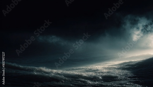 Dark, ominous ocean scene under a stormy, foreboding sky. Waves churn with turbulent energy