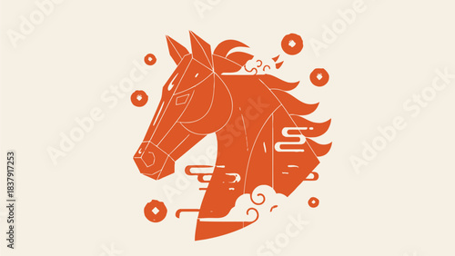 A striking flat design illustration featuring an abstract, geometric fire horse head, symbolizing power and good fortune for the Lunar New Year. 