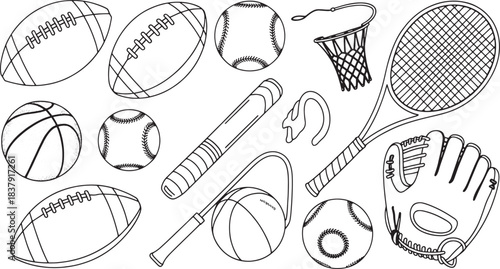 Collection of black and white line art sports equipment including footballs basketballs baseballs rugby ball