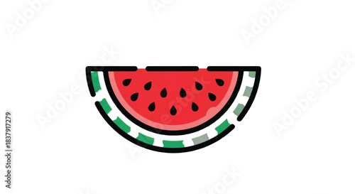 A stylized slice of juicy red watermelon with black seeds.