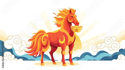 A noble flat design illustration portraying a benevolent fire horse as a guardian of prosperity, holding a golden ingot. This vector artwork embodies good fortune and protection for the Lunar New Year