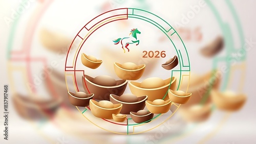 Lunar New Year 2026 Abundance Design with Horse and Gold Ingots in Circle Frame