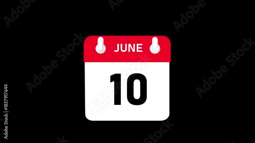 June month 10 date Calendar animation video with black background.4k motion video animation .