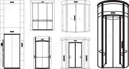 Collection of black and white vector illustrations of various elevator designs lift building