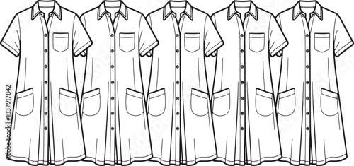 Five black and white line art illustrations of short sleeve button up shirts with pockets clothing apparel