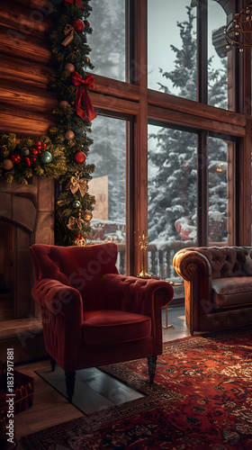 Warm inviting living room decorated for Christmas, offering peaceful view of snowy winter landscape outside large windows. comfortable red armchair, patterned rug, and festive garlands with bows
