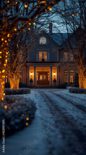 Elegant house bathed in warm christmas lights at night. snowy driveway leads to festive home, creating magical winter scene with glowing decorations