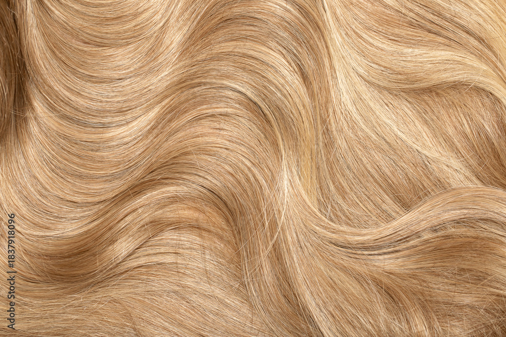 Naklejka premium Blond hair close-up as a background. Women's long blonde hair. Beautifully styled wavy shiny curls. Hair coloring. Hairdressing procedures, extension.