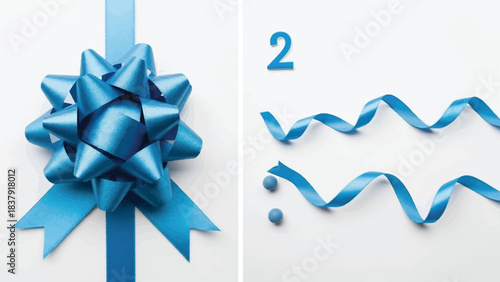 A vibrant blue gift bow and its flowing ribbon tails displayed neatly