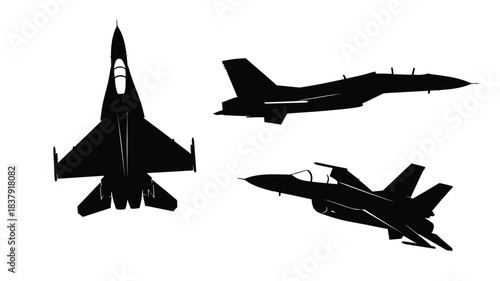 Silhouette view of fighter jets in different aerial perspectives