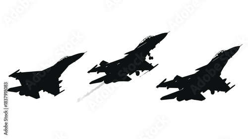 Silhouette of three fighter jets flying in formation against a white background