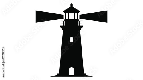 A simple black silhouette of a classic lighthouse against a white background