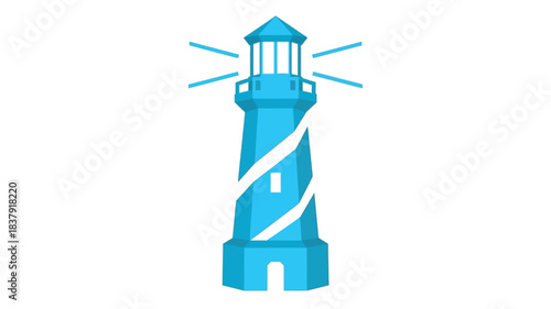 A simple blue lighthouse illustration with radiating light beams above