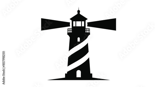 A striking black and white illustration of a classic lighthouse structure